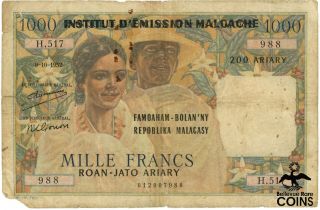 1952 Madagascar 1000 Francs /200 Ariary Large Colorful Canceled Note (scarce)