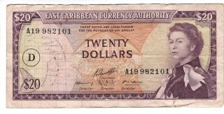 Eastern Caribbean $20 Dollars Vf Banknote (1965 Nd) P - 15i Dominica Prefix A19