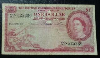 British Caribbean Territories Banknote 1 Dollar,  Pick 7b F,  1957