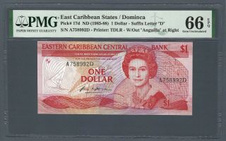 East Caribbean $1 Dollar 1985 - 88,  P - 17d " Dominica ",  Pmg 66 Epq Gem Unc,  Qeii