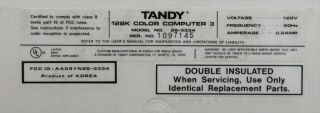 Radio Shack Tandy Color Computer 3 - 128K RAM 26 - 3334 SN 1097145 w/ Joystick 5