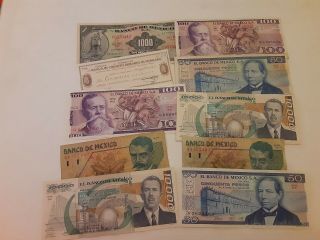 Mexico: 10 Bank Notes From El Banco De Mexico.