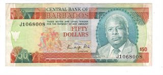 Barbados $50 Dollars Vf,  Banknote (1989 Nd) P - 40 King Signature 1st Prefix J1