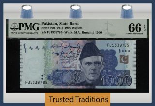 Tt Pk 50h 2013 Pakistan State Bank 1000 Rupees Ali Jinnah Pmg 66 Epq Gem Unc