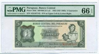 Paraguay 1963 5 Guaranies Bank Note Gem Unc 66 Epq Pmg
