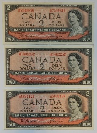 1954 - Canada - $2 Modified Hair Bank Note - P - 76a - (2) S - B Au - (1) T - B Xf