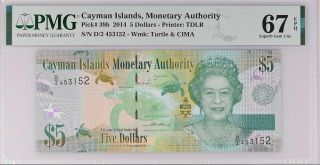 Cayman Islands 5 Dollars 2014 D/2 P 39 B Gem Unc Pmg 67 Epq Top Pop