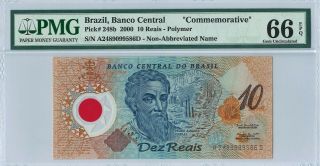 Brazil 10 Reais P248b 2000 Pmg 66 Epq S/n A2489099586d " Commemorative " Polymer