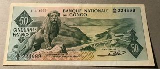 Congo Democratic Republic - 50 Francs 1.  4.  1962 P 5a Vf/ef Circulated