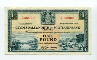 Scotland 1 Pound 1956 Xf Clydesdale & North Of Scotland Bank Nr 30.  00