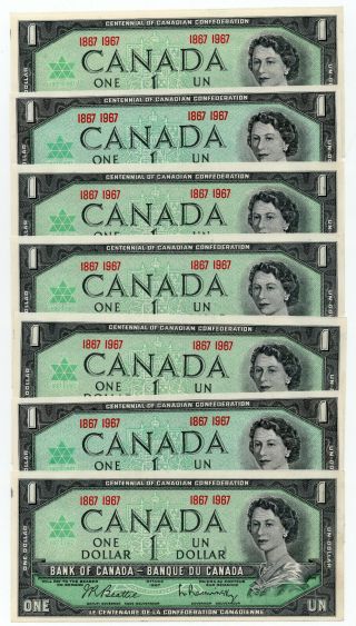 Centennial Of Canadian Confederation 1867 - 1967 $1 One Dollar 7 Notes Unc Canada