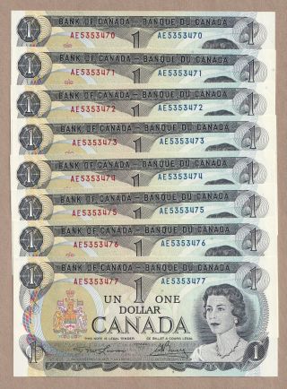 8 X Sequential 1973 $1 Bank Of Canada Notes Lawson Bouey Ae - Unc