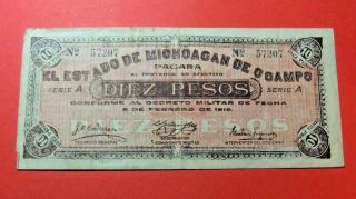 1915 Mexico 10 Pesos Bank Note - Vf/vf25