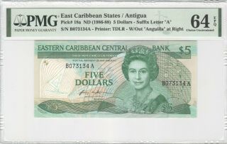 East Caribbean States (antigua) 5 Dollar 1986 P - 18a Pmg 64 Epq