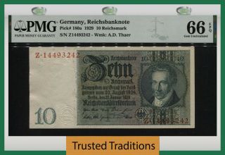 Tt Pk 180a 1929 Germany 10 Reichsmark Example Pmg 66 Epq Gem Uncirculated
