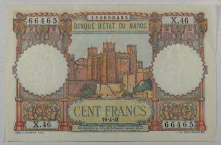 Morocco 100 Francs 19 - 4 - 1951.  Xf Epq