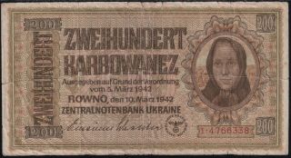 1942 Ukraine German Occupation 200 Karbowanez Paper Money Have Small Rip Wwii