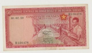 Belgian Congo P 32 50 Francs 01.  02.  1959 Factory Village Scene F/vf