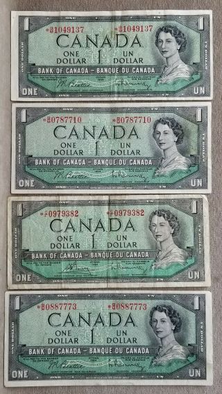 4 Canadian Replacement Notes $1.  00 Bill Paper Money Currency 1954.