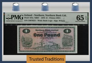 Tt Pk 187a 1970 Ireland Northern Northern Bank 1 Pound Pmg 65 Epq Gem Unc