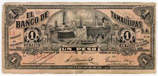 Mexico 1914 Banco De Tamaulipas 1 Peso Scarce Note Crisp Vf.  P - S 436.
