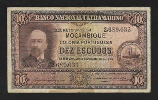 Pick.  95a - Mozambique - Portugal - Bnu - 10 Escudos - 1945 - Nº.  2,  689,  633 - Vf