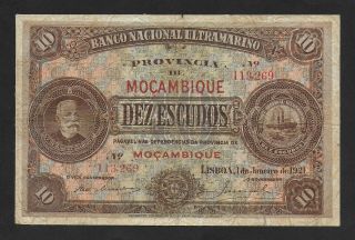 Pick.  69b - Mozambique - Portugal - Bnu - 10 Escudos - 1921 - W/o Decreto - F,