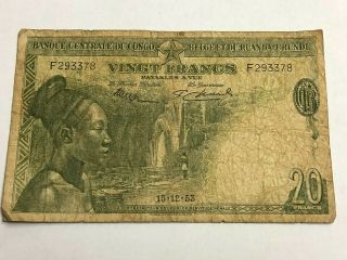 1953 Belgian Congo Rwanda - Burundi 20 Francs Banknote,  P 26,  Scarce Note