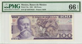 Pmg Certified Mexico 1981 100 Pesos Banknote Unc 66 Epq Gem Pick 74a