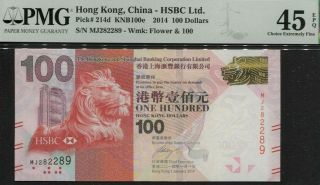 2014 Bank Of Hong Kong 100 Dollars Banknote P 214d Lion Pmg Choice Ef