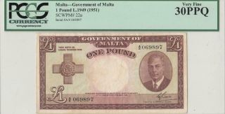 1949 Government Of Malta 1 Pound Kgvi " A " ( (pcgs 30 Ppq))