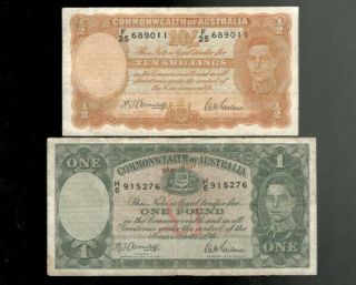 Australia,  1942,  Kgv1,  10/ & £1 Pound,  2 Notes,  Fine