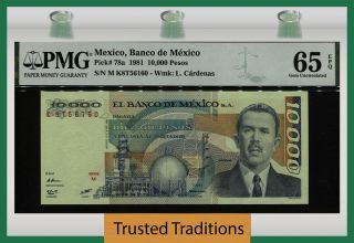 Tt Pk 78a 1981 Mexico 10000 Pesos General Cardenas Pmg 65 Epq Gem Uncirculated
