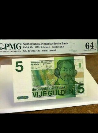1973 Netherlands 5 Gulden Banknote,  P 95a,  Pmg Choice Unc 64 Epq