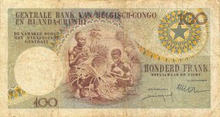 Belgian Congo 100 Francs 1.  2.  1957 P 33b Series Z Circulated Banknote B25 2