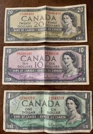 Canada - 1954 Bank Of Canada $20 $10 $1 Dollars Banknote Set