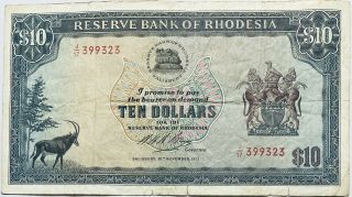 1973 10 Dollar Banknote Reserve Bank Of Rhodesia Arms/great - Zimbabwe Africa