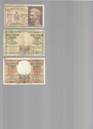 Albania Paper - Money,  2 Lek,  5 Lek,  10 Lek.  1939 - 1944.  Period Of Italian Ocupation.