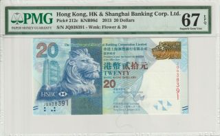 Hong Kong 20 Dollars 2013 Pick 212c Pmg Certified Banknote Unc 67 Epq Gem