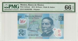 Mexico 2013 20 Pesos Pmg Certified Banknote Unc 66 Epq Gem Polymer