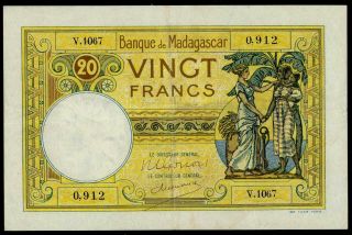 Madagascar 20 Francs 1937 - 47 Pick 37 Vf,  French Colonial Currency Banknote