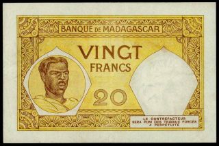 MADAGASCAR 20 FRANCS 1937 - 47 PICK 37 VF,  FRENCH COLONIAL CURRENCY BANKNOTE 2
