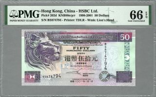 Hong Kong 50 Dollars 2001,  P - 202d Hsbc,  Pmg 66 Epq Gem Unc,  Better Date