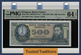 Tt Pk 206 1952 Paraguay Banco Central 500 Guaranies Pmg 64q Choice Uncirculated