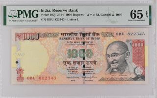 India 1000 Rupees 2014 P 107 J Gem Unc Pmg 65 Epq