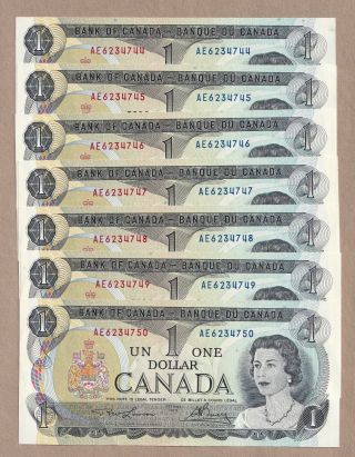 7 X Sequential 1973 $1 Bank Of Canada Notes Lawson Bouey Ae - Unc