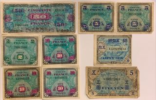Wwii.  1 2 5 10 50 Francs France & 50 Sen 5 Yen Japan 9 Notes