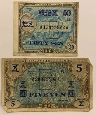WWII.  1 2 5 10 50 Francs France & 50 Sen 5 Yen Japan 9 Notes 2