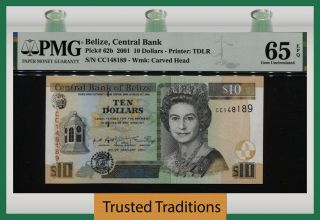 Tt Pk 62b 2001 Belize 10 Dollars Queen Elizabeth Ii Pmg 65 Epq Gem Unc 4 Of 4