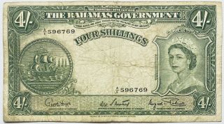 1953 Bahamas 4 Shillings (pound) Pre - Bahamian Dollar Banknote Elizabeth Ii